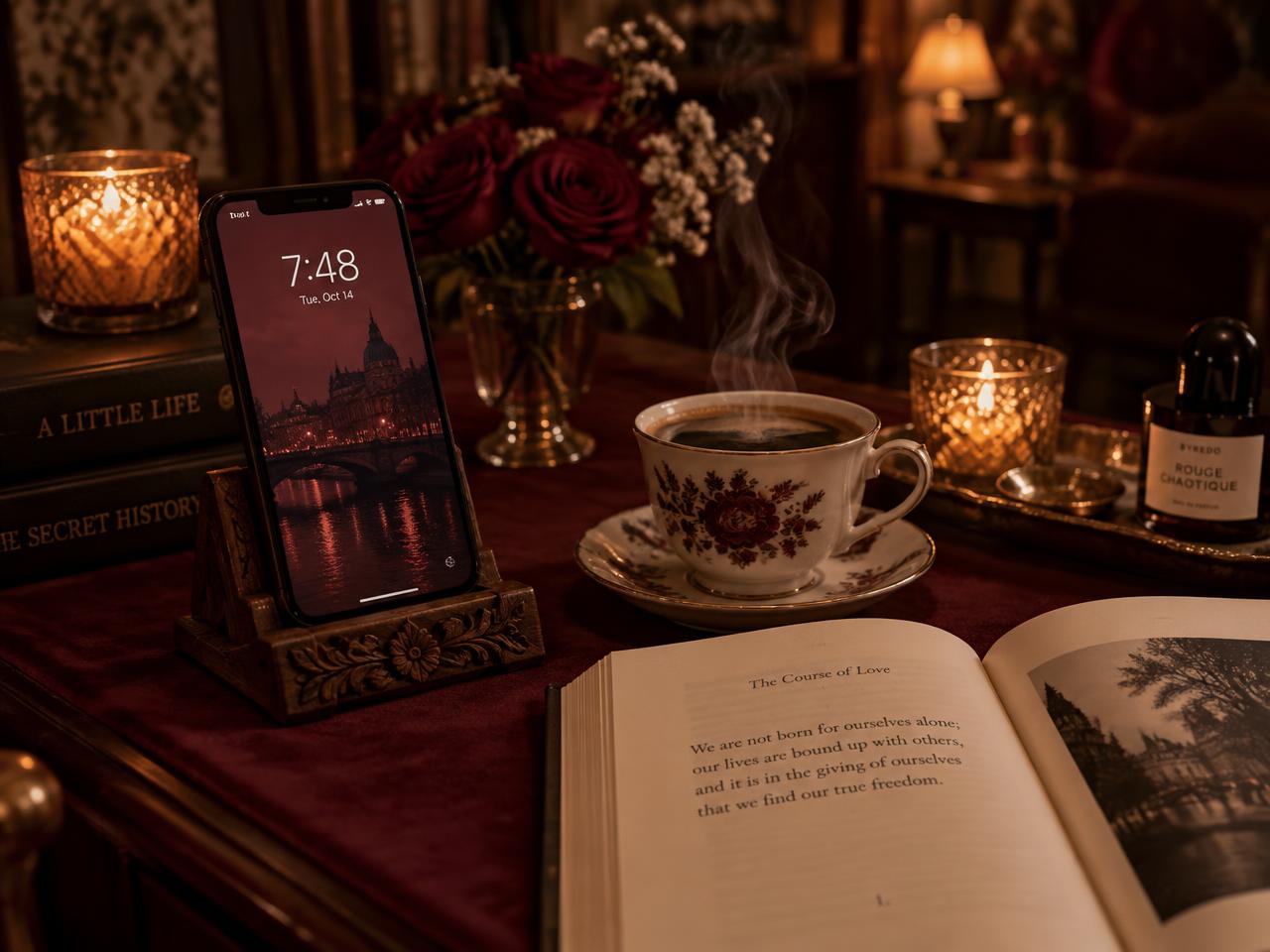 Celular em suporte de madeira ao lado de uma xícara de café fumegante e um livro aberto